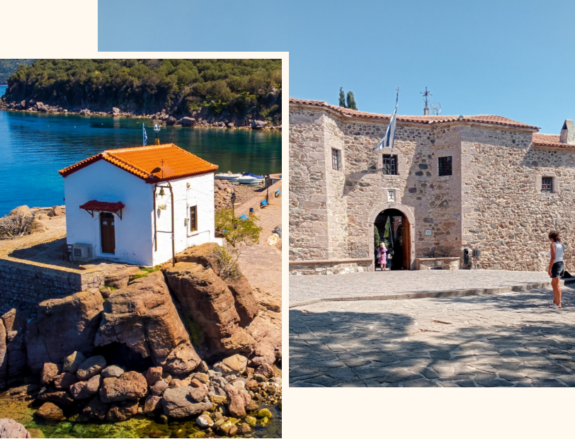 Skala Sikamineas fishing harbour with the Mermaid Madonna chapel, north Lesvos